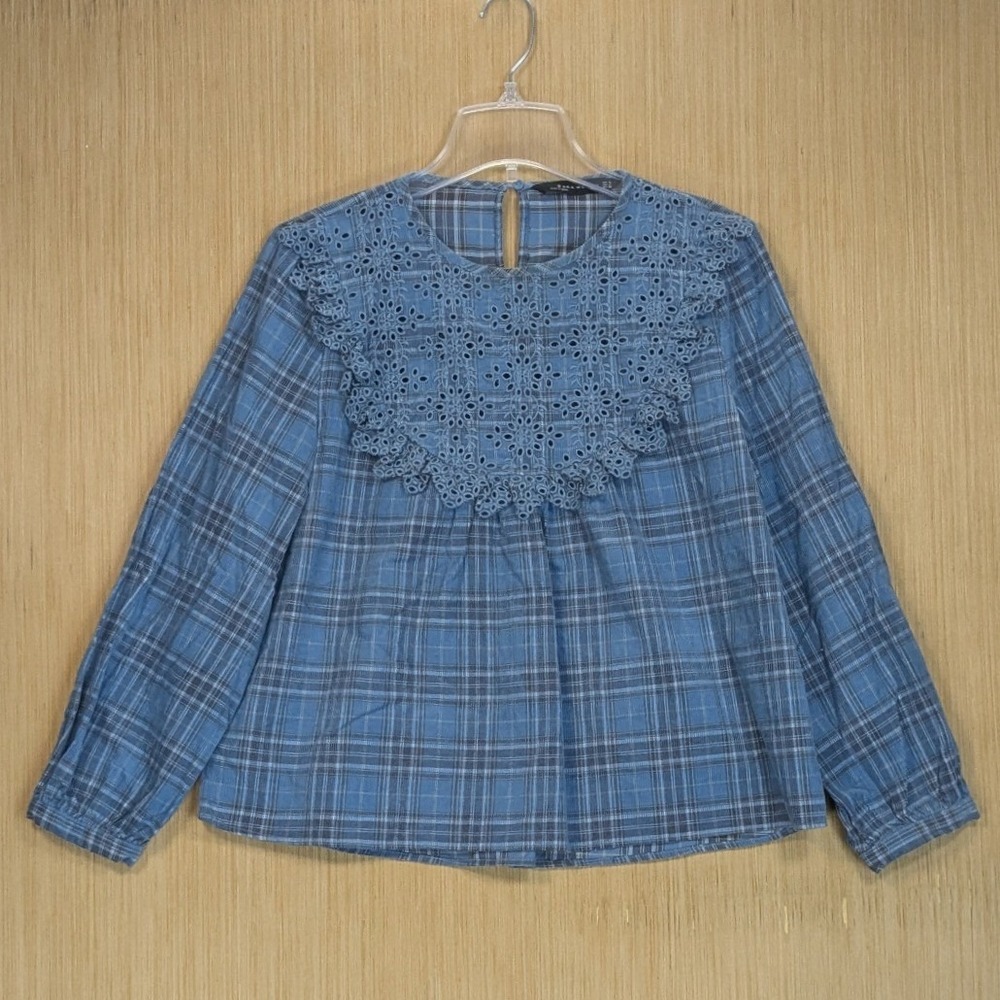 Zara Blue Plaid Eyelet Babydoll Blouse Women Medium Corduroy Prairie Cottagecore